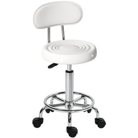 Taburete giratorio con ruedas y respaldo, altura regulable 70-86 cm, asiento de cuero sintético blanco