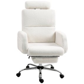 Silla de escritorio tapizada en borreguito con reposapiés, respaldo reclinable y reposacabezas ajustable crema