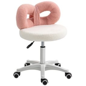 Taburete giratorio con respaldo y ruedas altura regulable 63-77 cm tapizado en borreguito blanco y rosa