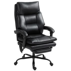 Silla de escritorio negra con soporte lumbar inflable, tapizada en PU, giratoria con reposapiés