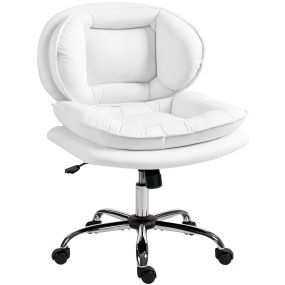 Silla de oficina sin brazos con asiento ancho, ruedas, altura ajustable, giratoria, PU blanco