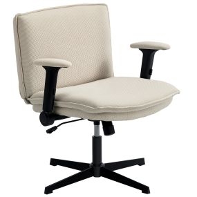 Silla de oficina piernas cruzadas con reposabrazos abatible, asiento ancho 63 cm, lino crema