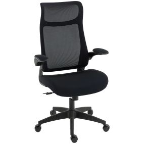 Silla de oficina ergonómica giratoria de malla negra con soporte lumbar, reposacabezas y reposabrazos 3D abatibles, altura ajustable y función basculante