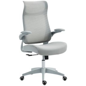 Silla de oficina ergonómica giratoria de malla gris con soporte lumbar, reposacabezas y reposabrazos 3D abatibles, altura ajustable y función basculante