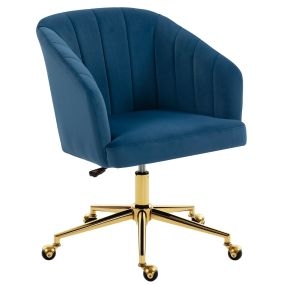Silla de oficina con ruedas de terciopelo azul, respaldo acolchado, asiento ancho y altura ajustable