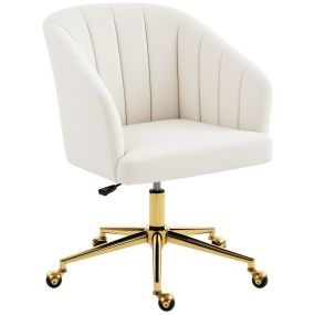 Silla de oficina con ruedas de terciopelo crema, respaldo acolchado, asiento ancho, altura ajustable