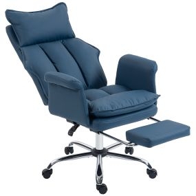 Silla de escritorio giratoria con reposapiés, respaldo reclinable, cuero sintético, azul