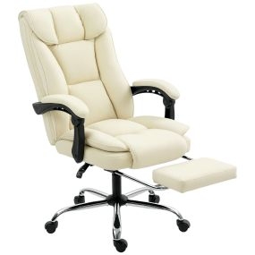 Silla de escritorio giratoria con reposapiés, respaldo reclinable, acolchado grueso, beige