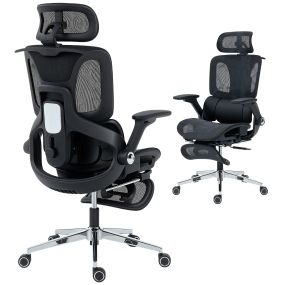 Silla de Escritorio Ergonómica con Reposapiés, Silla de Oficina Giratoria, con Respaldo Reclinable y Alto, Soporte Lumbar y Reposacabezas Ajustable, Malla Transpirable, Reposabrazos 4D, Ruedas