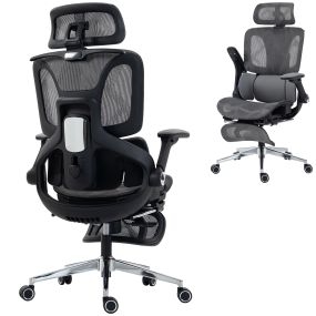 Silla de Escritorio Ergonómica con Reposapiés, Silla de Oficina Giratoria, con Respaldo Reclinable y Alto, Soporte Lumbar y Reposacabezas Ajustable, Malla Transpirable, Reposabrazos 4D, Ruedas