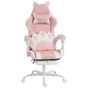 Silla Gaming Ergonómica, Silla Gamer con Soporte Lumbar, Reposapiés, Respaldo Reclinable hasta 135°, Altura Ajustable, Reposacabezas Desmontable, Orejas de Gato, Rosa