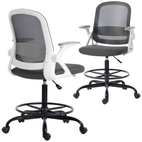 Silla de escritorio de malla con reposabrazos abatibles, altura ajustable, soporte lumbar, reposapiés y ruedas giratorias, gris