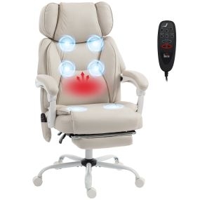Silla de oficina reclinable con masaje vibratorio 6 puntos, calor lumbar, reposacabezas y reposapiés, crema