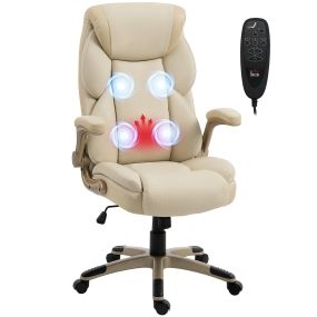 Silla de oficina giratoria de PU crema con masaje vibratorio, calor lumbar y brazos abatibles