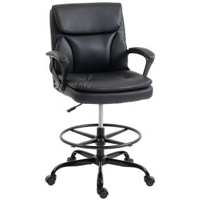 Silla de Escritorio Alta, Silla de Dibujo Ergonómica con Reposapiés Ajustable, Altura Regulable, Ruedas Giratorias, Tapizado en PVC para Oficina, Estudio, Negro