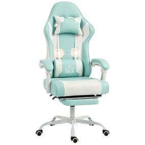Silla Gaming Ergonómica, Silla Gamer con Lumbar Masaje Vibración, Reclinable 155°, Altura Ajustable, Reposacabezas y Reposapiés Retráctil, para Oficina, Estudio, Azul Claro