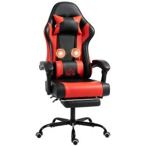 Silla Gaming Ergonómica, Silla Gamer con Lumbar Masaje Vibración, Reclinable 155°, Altura Ajustable, Reposacabezas y Reposapiés Retráctil, para Oficina, Estudio, Rojo
