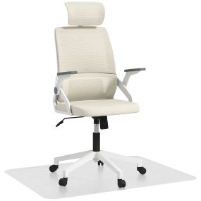 Conjunto de oficina con silla de malla beige, basculante, altura ajustable y alfombra protectora 90x120 cm