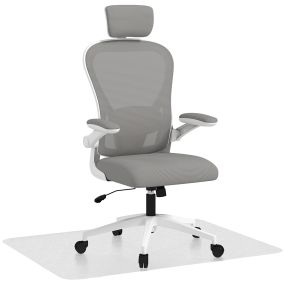 Conjunto de oficina con silla de malla ajustable gris y alfombra protectora 90x120 cm