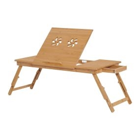 Mesa portátil de bambú plegable y reclinable con altura ajustable y 1 cajón 72x35x22-30 cm