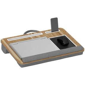 Soporte para portátil con cojín, ranura para tableta y almohadilla para mouse, 55,5x37x9 cm, roble