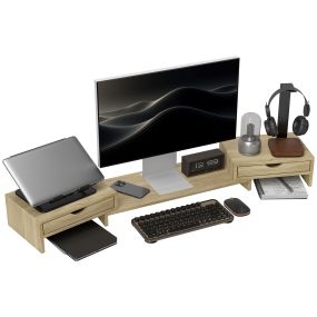 Elevador de monitor ajustable con 2 cajones, 60-116x22x12 cm, roble