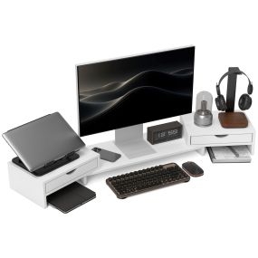 Elevador de monitor ajustable con 2 cajones, 60-116x22x12 cm, blanco