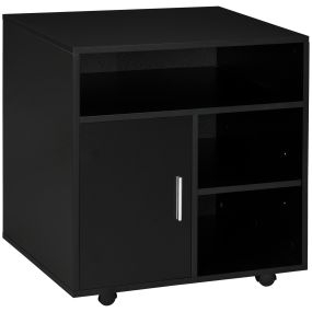 Mueble para Impresora con Ruedas, Soporte de Impresora con Compartimentos Abiertos y Puerta, para Oficina, Hogar, Estudio, 60x50x65,5 cm, Negro