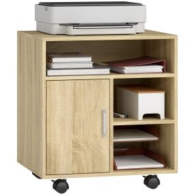 Mueble para impresora con ruedas y compartimentos, 60x50x65,5 cm, natural