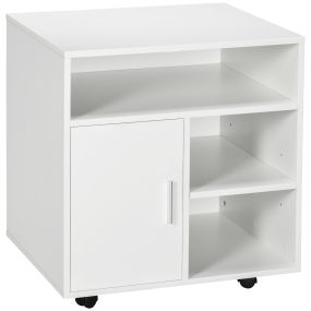 Mueble para impresora con ruedas, compartimentos abiertos y puerta, 60x50x65,5 cm, blanco