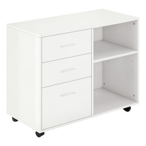 Mesa para impresora multifuncional con 3 cajones, estante ajustable y ruedas, 80x40x65 cm, blanco