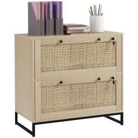 Armario Archivador de 2 Cajones de Ratán, Archivador de Oficina Bohemio con Cerraduras y Llaves, Barras para Carpetas Tamaño Carta, A4 y Legal, para Salón, Estudio, 75x40x71,5 cm, Roble