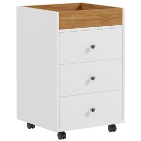 Cajonera de oficina con 4 ruedas, 3 cajones y bandeja extraíble, 43x40x66,5 cm, blanco y natural