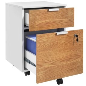 Cajonera de oficina con ruedas y 2 cajones, barra colgante, cerradura, 42x40x60 cm, blanco y natural