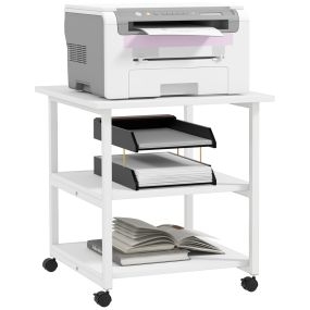 Soporte para Impresora de 3 Niveles con Ruedas, Mueble para Impresora con Marco de Acero, Estantería Multiusos para Oficina, Casa, 50x50x52,5 cm, Blanco