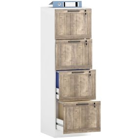 Cajonera de oficina con 4 cajones, cerradura, 2 llaves, barras colgantes A4/carta, 39,4x40x129 cm, blanco y madera