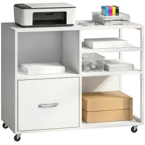 Mueble para impresora con ruedas, estantes abiertos y cajón para documentos A4 y carta, blanco