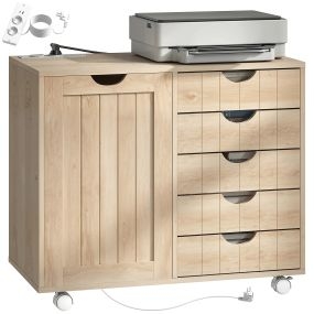 Mueble para impresora con estación de carga, ruedas, 5 cajones, USB y estante ajustable, natural