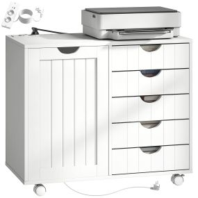Mueble para impresora con estación de carga, ruedas, 5 cajones, puertos USB y estante ajustable blanco