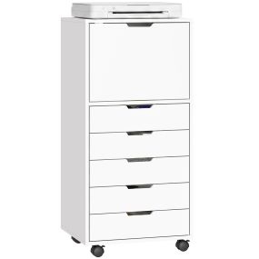 Cajonera de escritorio con 5 cajones, ruedas, cierre suave y soporte para impresora, blanco
