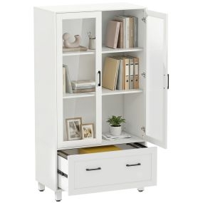 Archivador vertical con puertas de cristal, cajón y 3 estantes ajustables, 75x40x141 cm, blanco