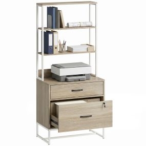 Cajonera de escritorio con estantería, 2 cajones, cerradura, roble, para oficina y estudio