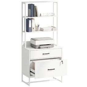 Cajonera de escritorio con estantería, 2 cajones, cerradura, blanca, para oficina y estudio