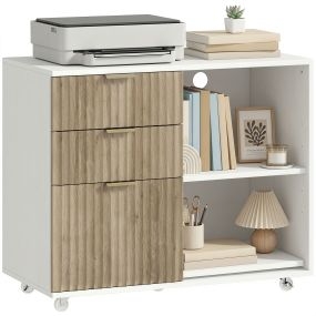 Mueble para impresora con ruedas, 3 cajones, barra ajustable y 2 estantes, blanco y roble