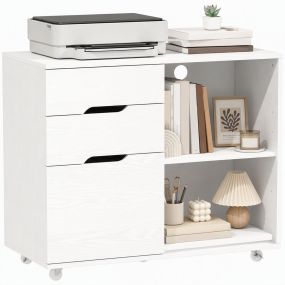 Mueble para impresora con ruedas y 3 cajones, barra ajustable, 2 estantes, blanco