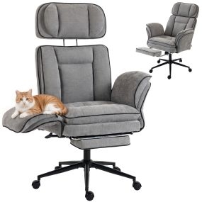 Silla de Escritorio Ergonómica con Reposapiés, Silla Oficina de Chenilla con Reposabrazos Abatibles, Respaldo Alto y Reclinable 145°, Reposacabezas Ajustable, Basculante, Gris