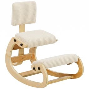 Silla ergonómica de rodillas con respaldo tapizada en pana color crema estructura de madera