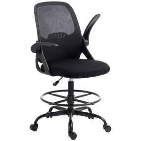 Silla de Escritorio de Malla Ergonómica, Silla de Dibujo con Reposapiés Ajustable, Soporte Lumbar Regulable, Reposabrazos Abatibles, Negro