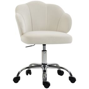 Silla de Oficina en Forma de Pétalo con Ruedas, Silla de Escritorio de Terciopelo con Función Basculante, Asiento Ancho, Altura Ajustable, Acolchado Suave, para Casa, Oficina, Blanco Crema