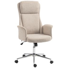 Silla de Escritorio Giratoria Tapizada en Chenilla, Silla de Oficina con Respaldo Alto, Función de Balanceo, Altura Ajustable, Reposabrazos Acolchados y Ruedas de PU, Beige